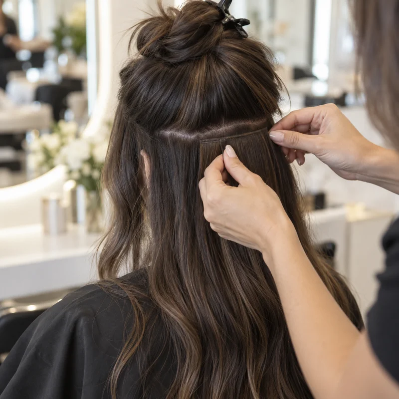 A stylist fitting hair extensions